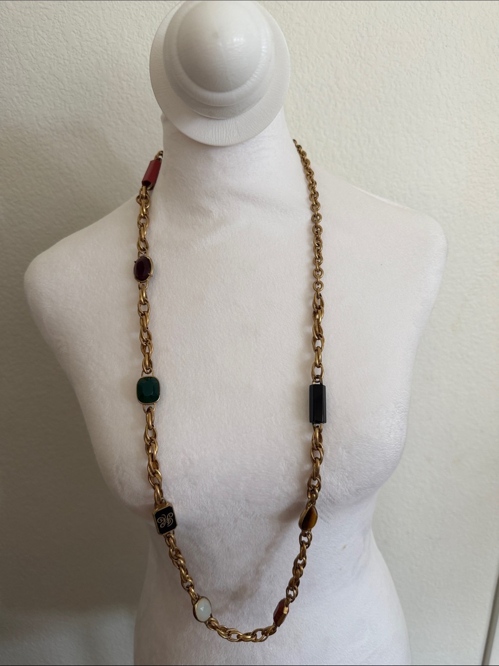 Gold-Tone Long Chain Necklace with Multicolor Stone Accents